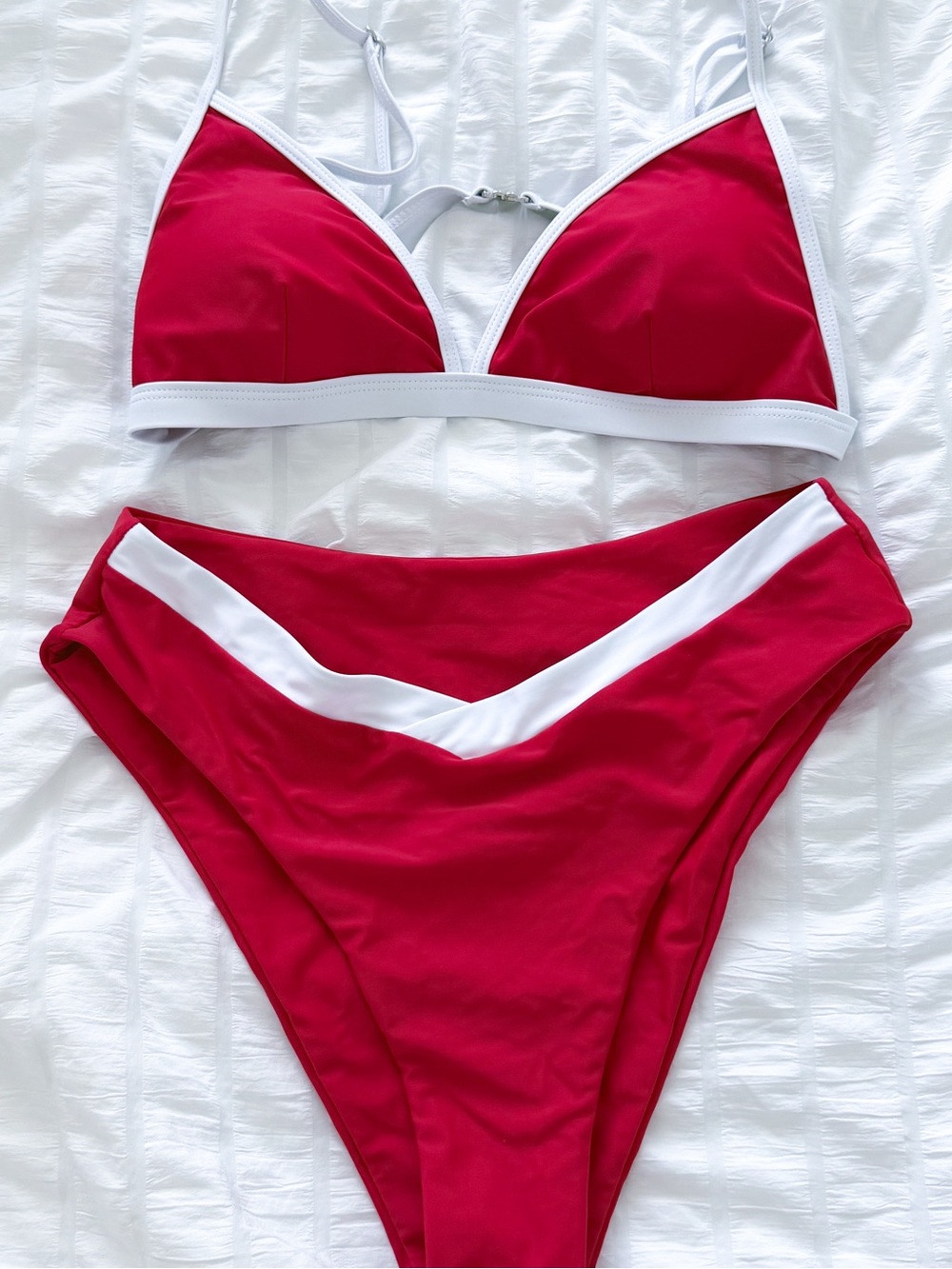 Red & White Women's Two-Piece Swim Set - Classic Triangle Top